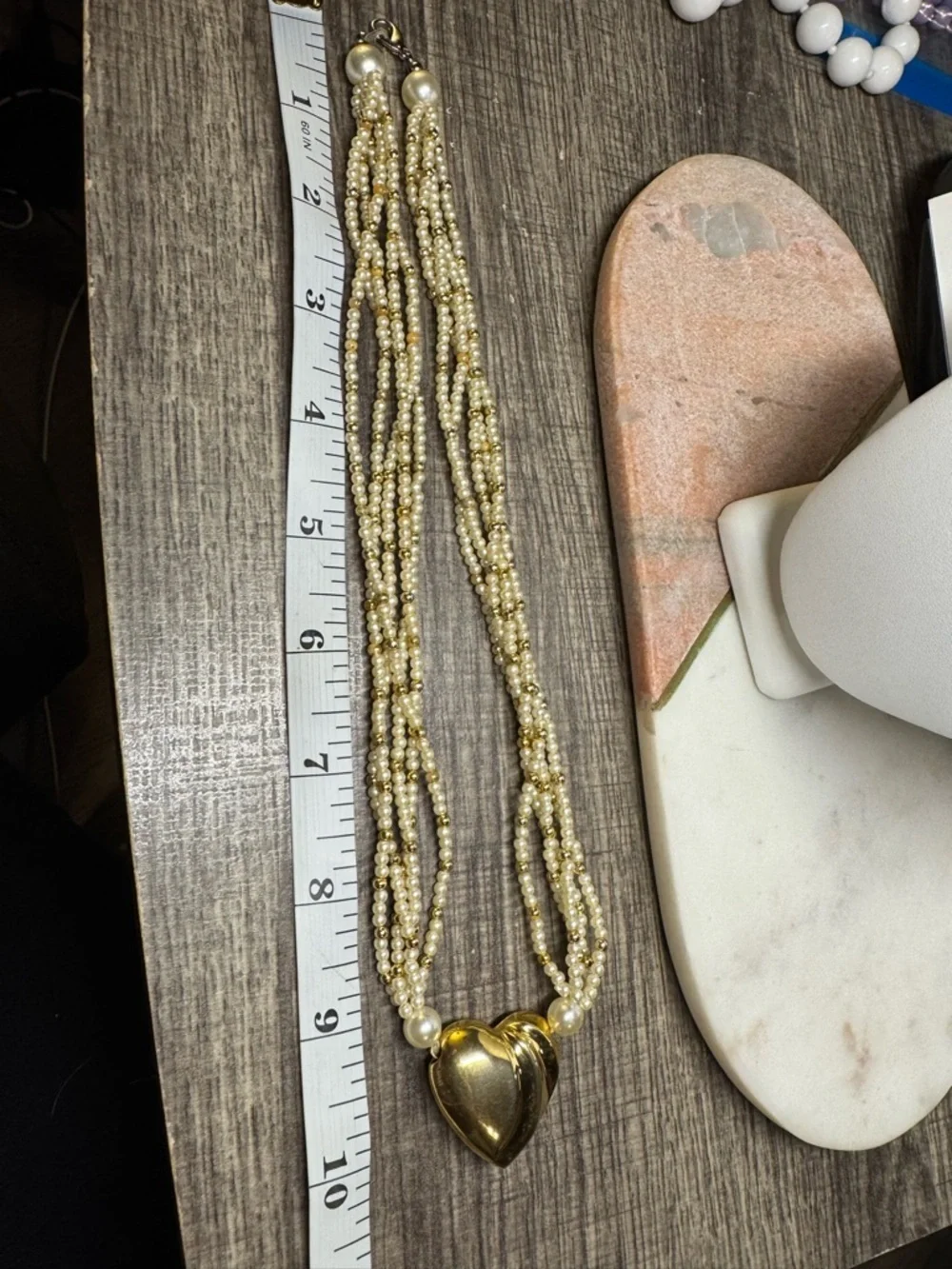 Vintage Multi Strand Faux Pearl Necklace Gold Tone Heart Pendant